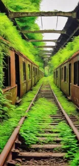 Abandoned train tracks overgrown with lush green plants in a serene setting.