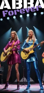 ABBA concert wallpaper with vibrant costumes and stage lights.