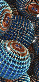 Abstract 3D blue spheres with intricate design patterns.