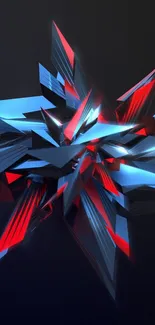 Abstract 3D geometric art with red and blue hues on dark background.