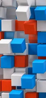 Dynamic 3D geometric cubes in red, blue, and white pattern.