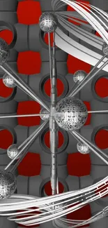 Abstract 3D wallpaper with metallic spheres and red geometric background.