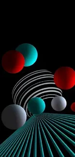 Abstract 3D spheres in red, turquoise, and white on black background.