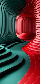 Abstract 3D waves in turquoise and red create a captivating wallpaper design.