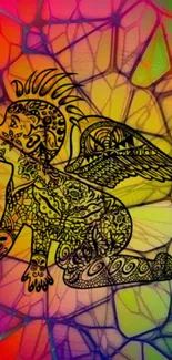 Abstract angel art with colorful stained glass background.