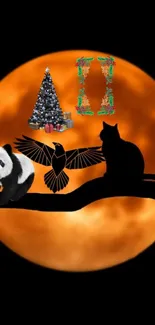 Panda, cat, and bird silhouette with orange moon background.