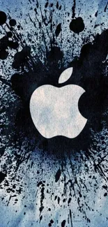 Abstract black Apple logo on blue splatter background.