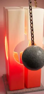 Abstract art-inspired lamp with chains and spheres in warm tones.