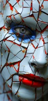 Abstract cracked mannequin face with vibrant colors for mobile wallpaper.