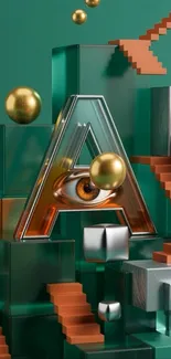 Abstract 3D art with geometric shapes and letter 'A'.