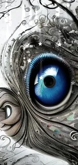 Abstract design featuring a blue eye with intricate details and surreal patterns.