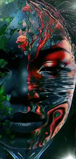 Abstract face wallpaper with foliage and reflections in dark tones and vivid colors.