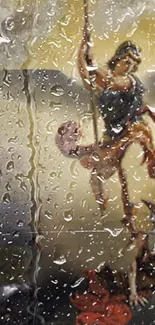 Artistic figure seen through a rain-covered window, blending classical charm with nature.