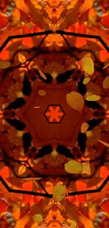 Abstract kaleidoscope design with autumn leaves in vibrant orange hues.