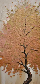 Abstract painting of an autumn tree with vibrant peach leaves.