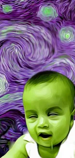 Abstract green baby art with purple swirls, vibrant and creative design.