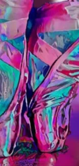 Colorful abstract art of ballet shoes with vibrant magenta and turquoise hues.