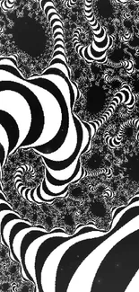 Black and white fractal wallpaper with swirling abstract patterns.