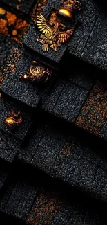 Embossed black and gold design with intricate patterns.