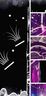 Abstract space wallpaper with black and purple hues featuring cosmic designs.