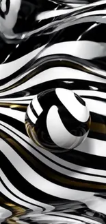 Abstract black and white striped wallpaper with swirling patterns.