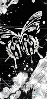 Abstract black and white butterfly with maze patterns on wallpaper.