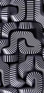 Black and white abstract pattern wallpaper with 3D optical illusion design.