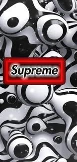 Abstract black and white wallpaper with red Supreme logo.