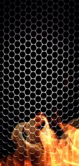 Mobile wallpaper with a black hexagonal pattern and abstract design.