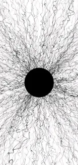 Abstract black hole with intricate lines in monochrome theme.