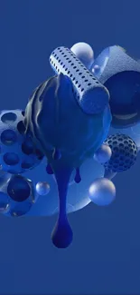 Abstract blue 3D wallpaper with intricate spheres and shapes.