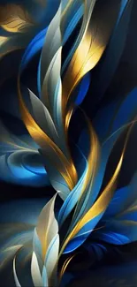 Abstract blue and gold leaf design on a mobile wallpaper.