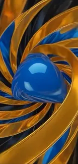 Abstract blue and gold swirling pattern wallpaper.