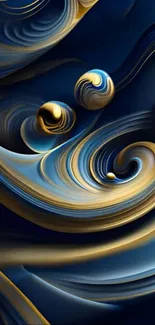 Abstract swirls in blue and gold hues.