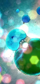 Abstract blue and green bubbles on a shimmering background