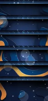 Abstract navy blue and orange wallpaper design with fluid shapes.