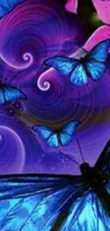 Vibrant abstract wallpaper with blue butterflies on a purple swirl background.