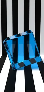 Blue glass cube with black and white stripes.
