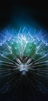 Abstract blue dandelion with glowing details against dark background.