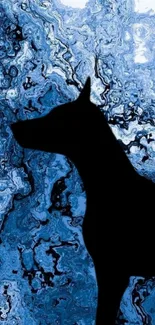 Black dog silhouette on abstract blue marble background.