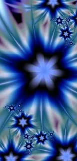 Abstract blue floral wallpaper with starburst design.