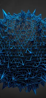 3D abstract blue geometric sphere with triangular patterns on a grey background.