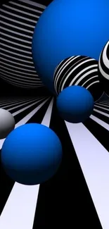 Abstract wallpaper with blue spheres and striped pattern