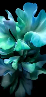 Abstract blue-green floral wallpaper with vibrant design on black background.