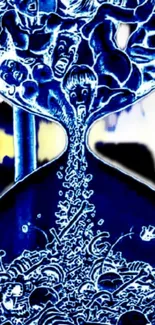 Abstract blue hourglass with artistic flow and intricate designs.