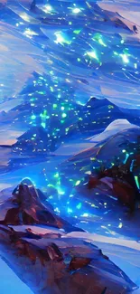 Abstract blue mountain landscape with glowing accents.