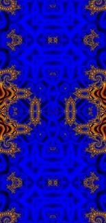 Abstract wallpaper with blue and gold intricate patterns.