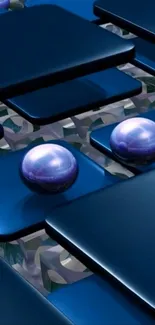 Abstract geometric design with blue pearls on layered background.