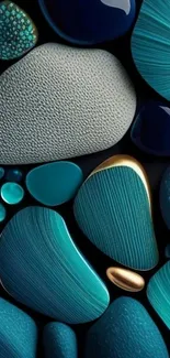 Abstract blue and teal pebbles with textured patterns.