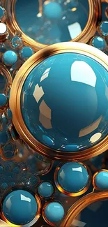 Abstract wallpaper with blue spheres and gold accents.